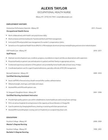 Occupational Health Nurse Resume