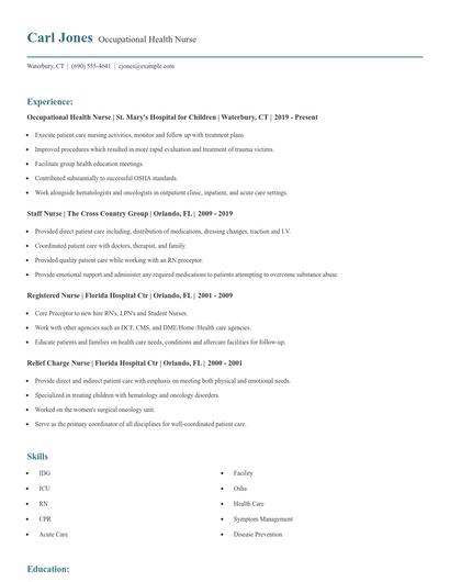 Occupational Health Nurse Resume