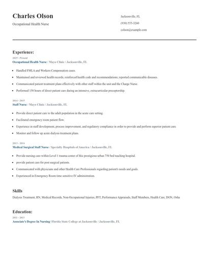 Occupational Health Nurse Resume