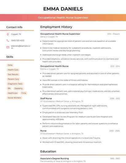Occupational Health Nurse Supervisor Resume