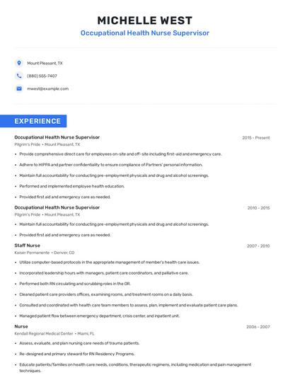 Occupational Health Nurse Supervisor Resume