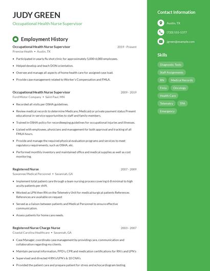 Occupational Health Nurse Supervisor Resume