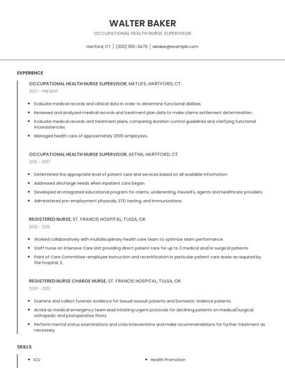 Occupational Health Nurse Supervisor Resume
