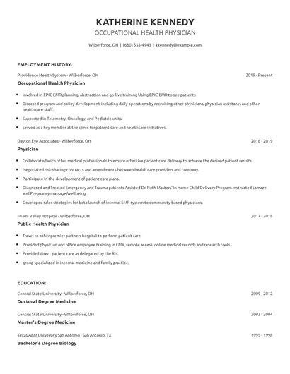Occupational Health Physician Resume