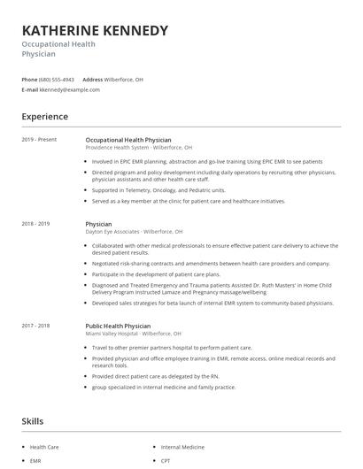 Occupational Health Physician Resume