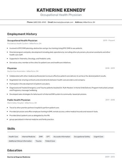Occupational Health Physician Resume