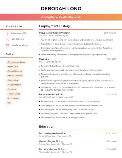 Occupational Health Physician Resume