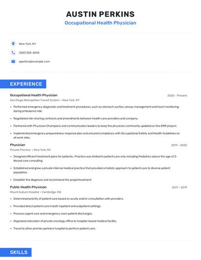 Occupational Health Physician Resume
