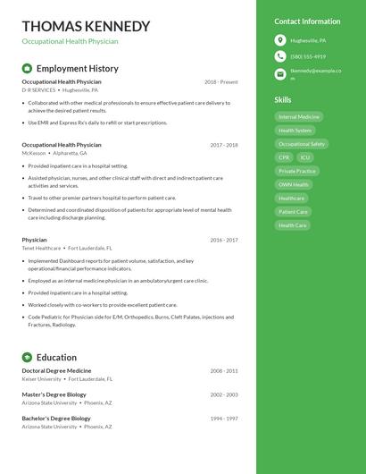 Occupational Health Physician Resume