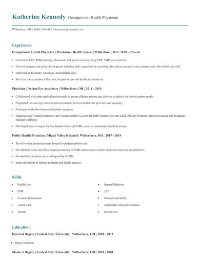 Occupational Health Physician Resume