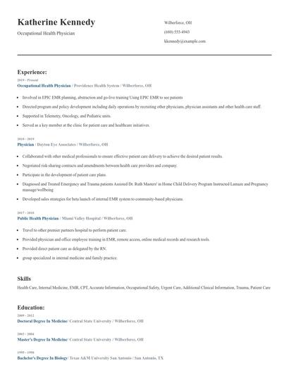 Occupational Health Physician Resume