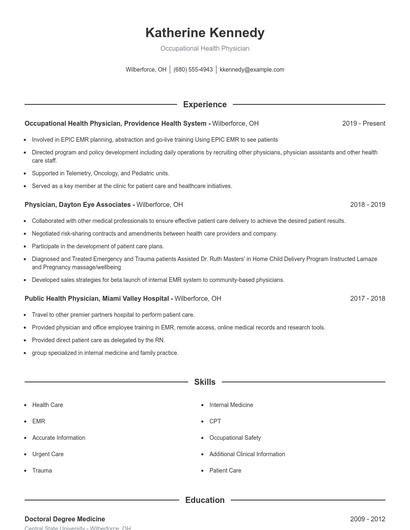 Occupational Health Physician Resume
