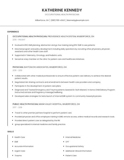 Occupational Health Physician Resume
