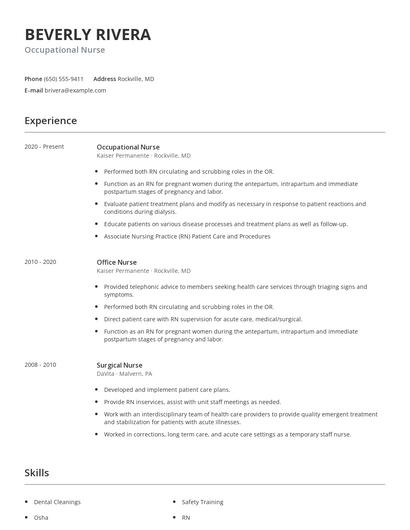 Occupational Nurse Resume