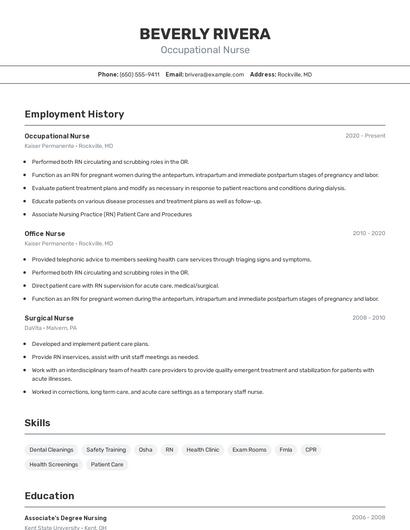 Occupational Nurse Resume