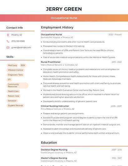Occupational Nurse Resume