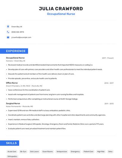 Occupational Nurse Resume