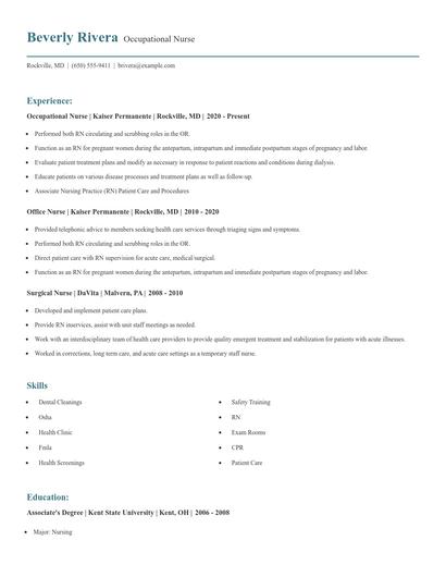 Occupational Nurse Resume