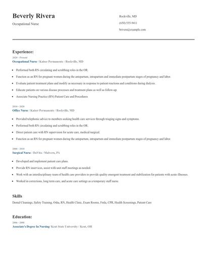 Occupational Nurse Resume