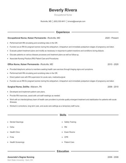 Occupational Nurse Resume