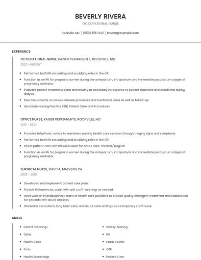 Occupational Nurse Resume