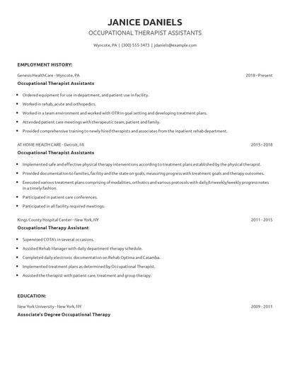 Occupational Therapist Assistants Resume