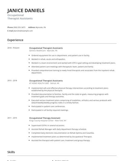 Occupational Therapist Assistants Resume