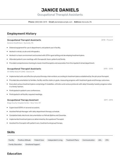 Occupational Therapist Assistants Resume