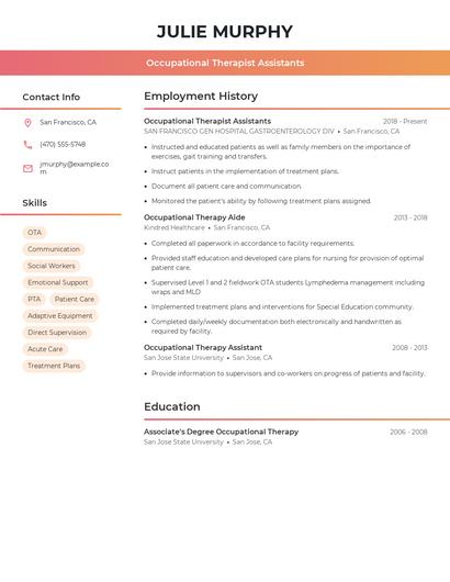 Occupational Therapist Assistants Resume