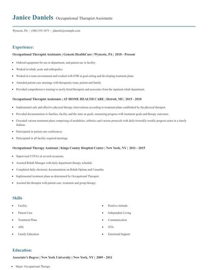 Occupational Therapist Assistants Resume
