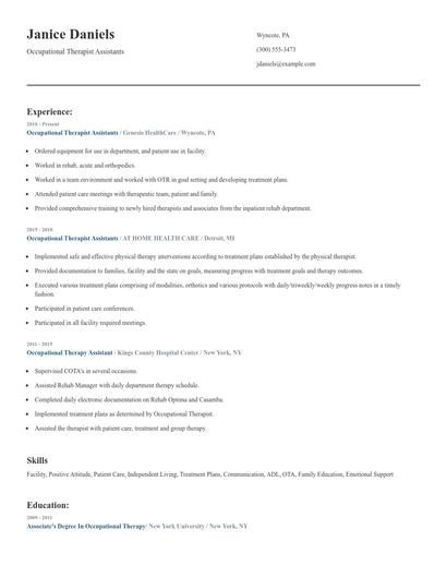 Occupational Therapist Assistants Resume
