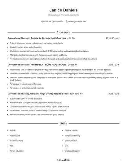 Occupational Therapist Assistants Resume