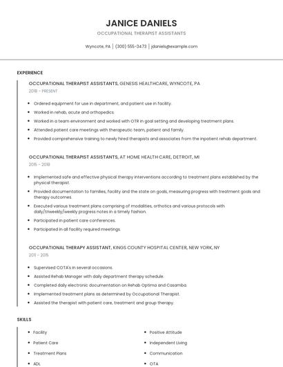 Occupational Therapist Assistants Resume