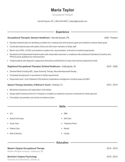 Occupational Therapist Resume
