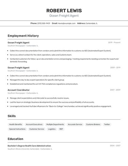Ocean Freight Agent Resume