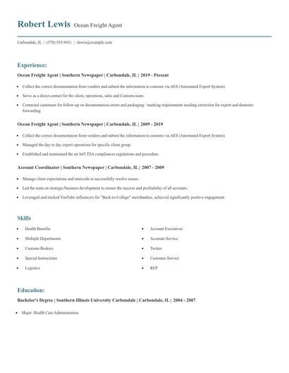Ocean Freight Agent Resume