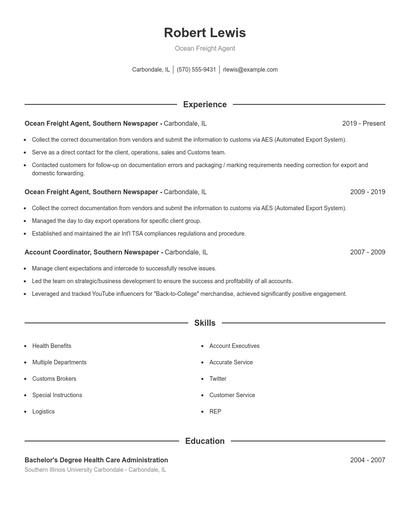 Ocean Freight Agent Resume
