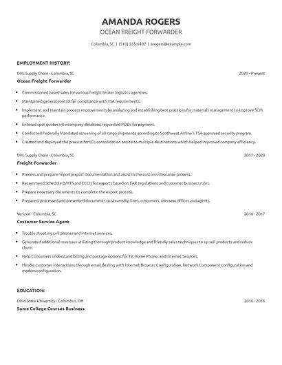 Ocean Freight Forwarder Resume