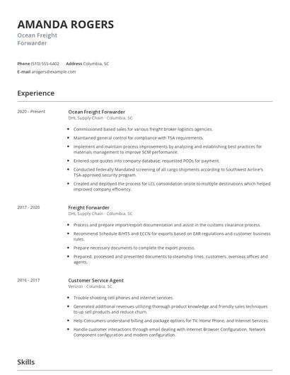 Ocean Freight Forwarder Resume