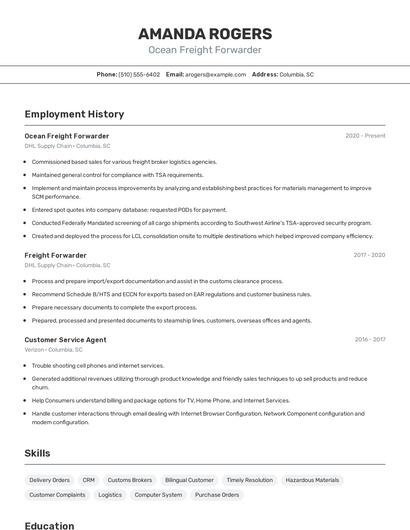 Ocean Freight Forwarder Resume