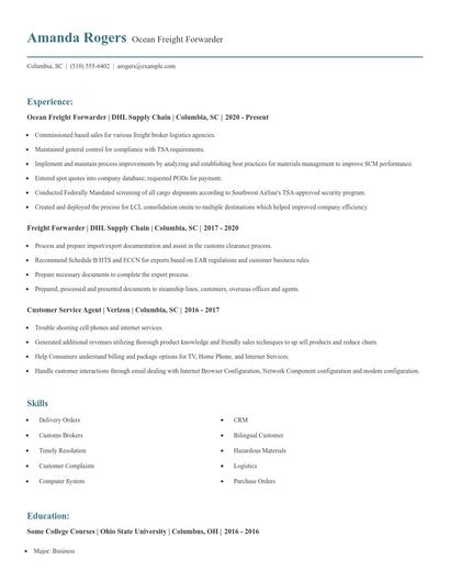 Ocean Freight Forwarder Resume