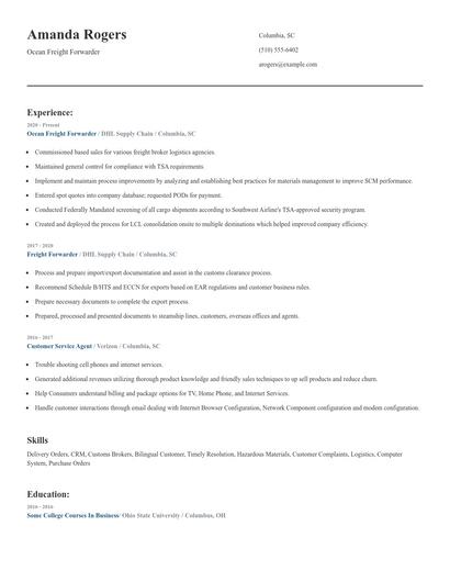Ocean Freight Forwarder Resume