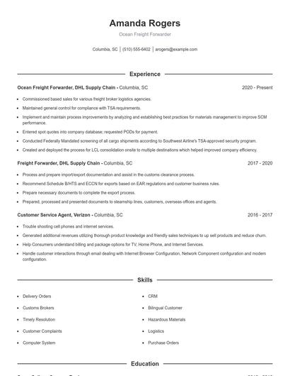 Ocean Freight Forwarder Resume