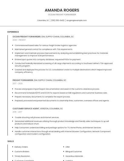 Ocean Freight Forwarder Resume