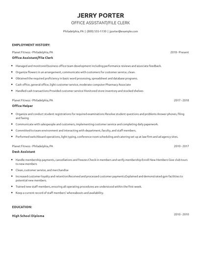 Office Assistant/File Clerk Resume