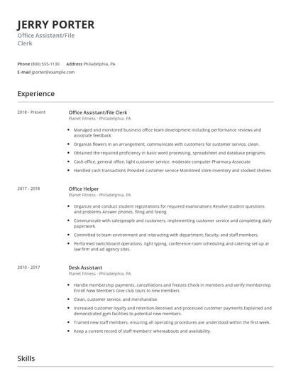 Office Assistant/File Clerk Resume