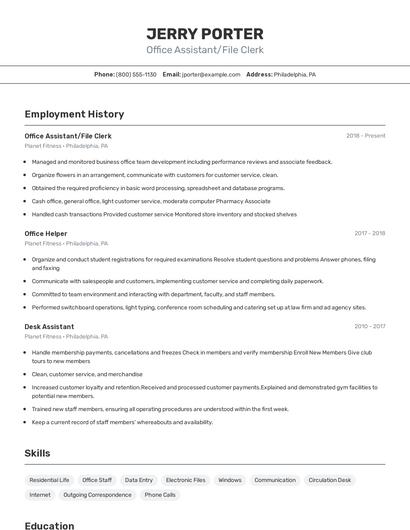Office Assistant/File Clerk Resume