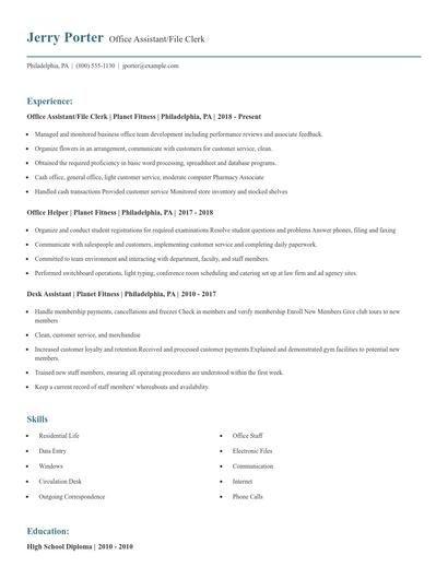 Office Assistant/File Clerk Resume