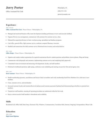 Office Assistant/File Clerk Resume