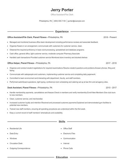 Office Assistant/File Clerk Resume